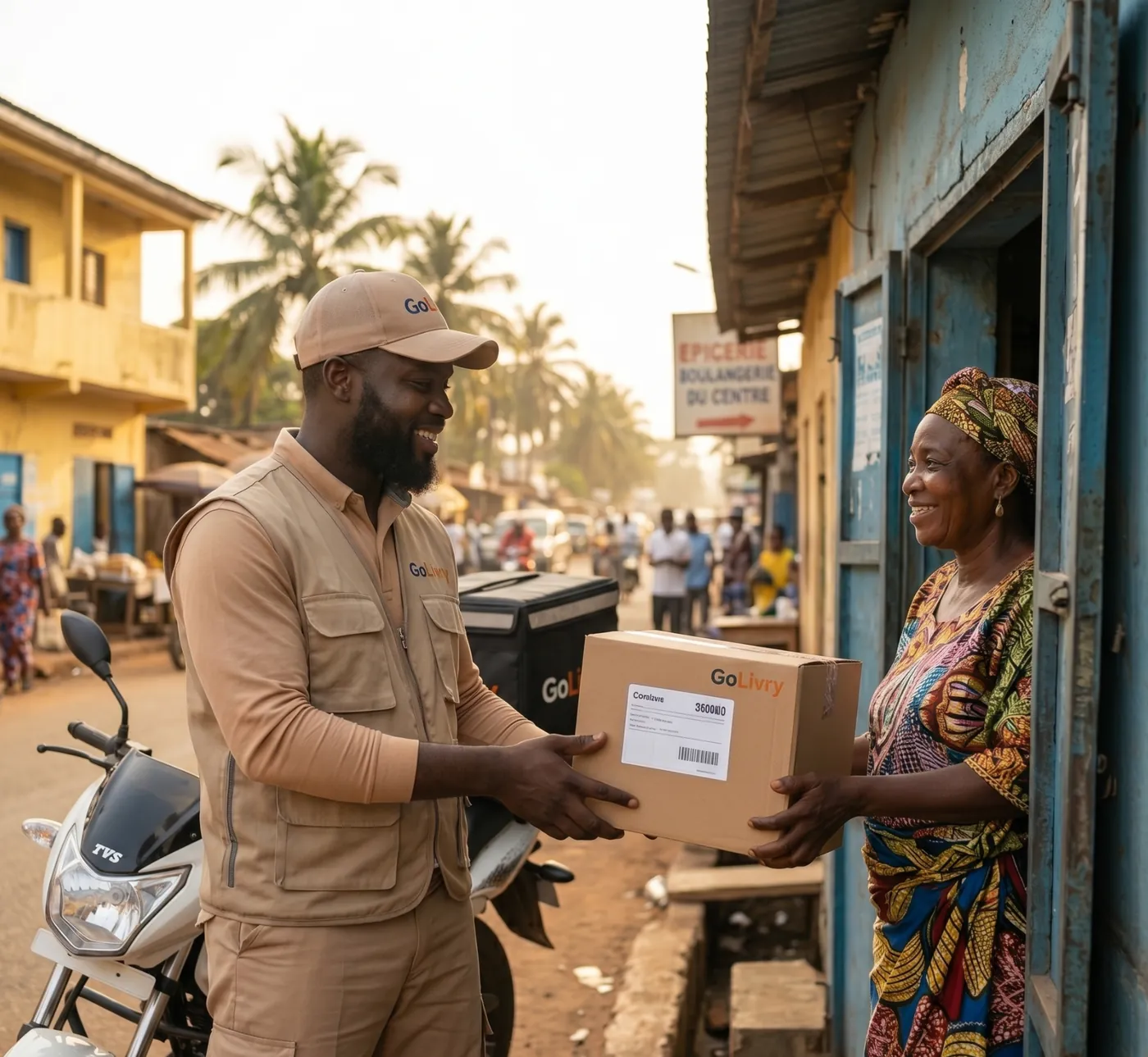 Coursier Golivry remettant un colis à une cliente en Guinée