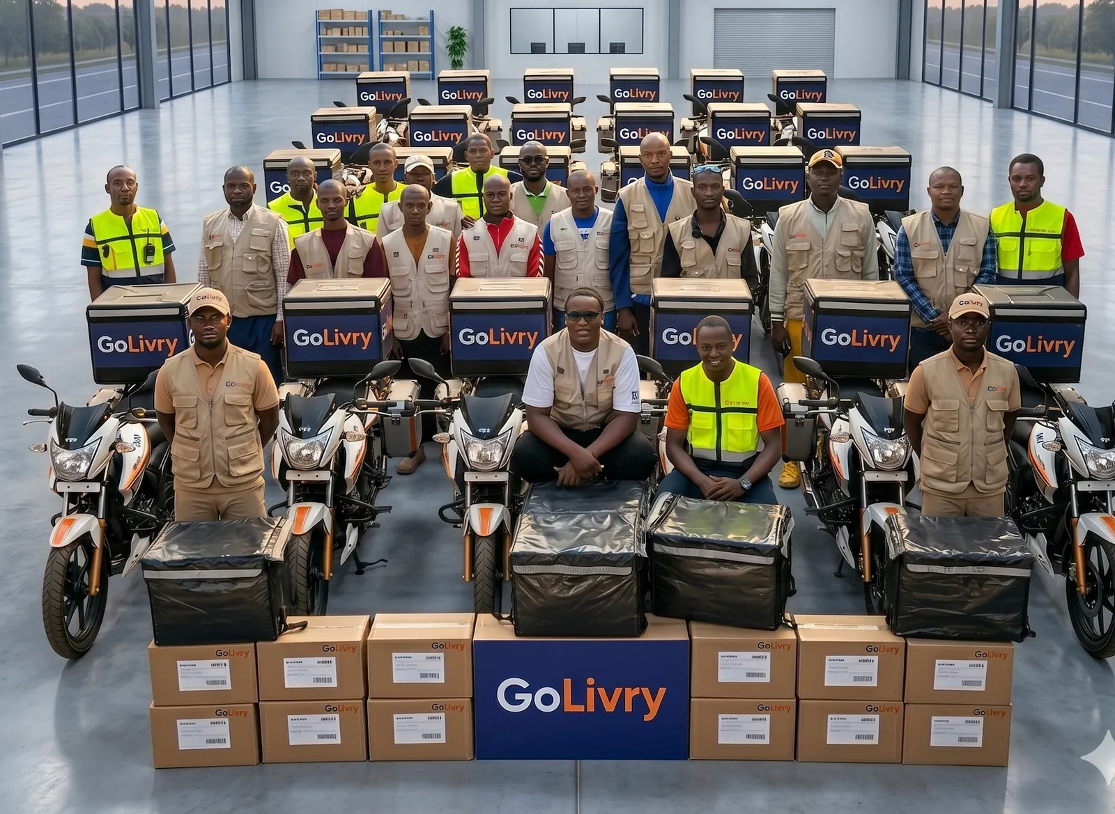 L'équipe des coursiers Golivry avec leurs motos et sacs de livraison